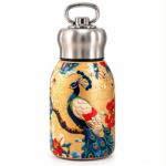 Mini Peacock Printed Stainless Steel Insulated Water Bottle – Small Hot & Cold Flask with Ring Handle Cap