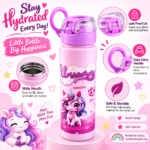 Cute Pink Unicorn Kids Stainless Steel Water Bottle with Leak-Proof Lid & Carrying Ring Handle – BPA-Free School Travel Flask - Image 2