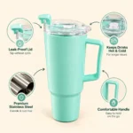 Mint Green Insulated Travel Tumbler with Handle & Straw Lid – Hot & Cold Coffee Mug & Water Tumbler - Image 2