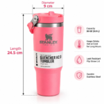 30 oz Stainless Steel Insulated Travel Tumbler with Flip Straw & Top Carry Handle – Pink Hot & Cold Water Bottle - Image 3